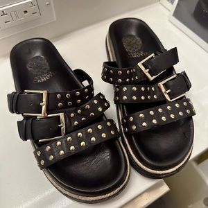 Vince Camuto black leather gold studs platform sandals in used good condition